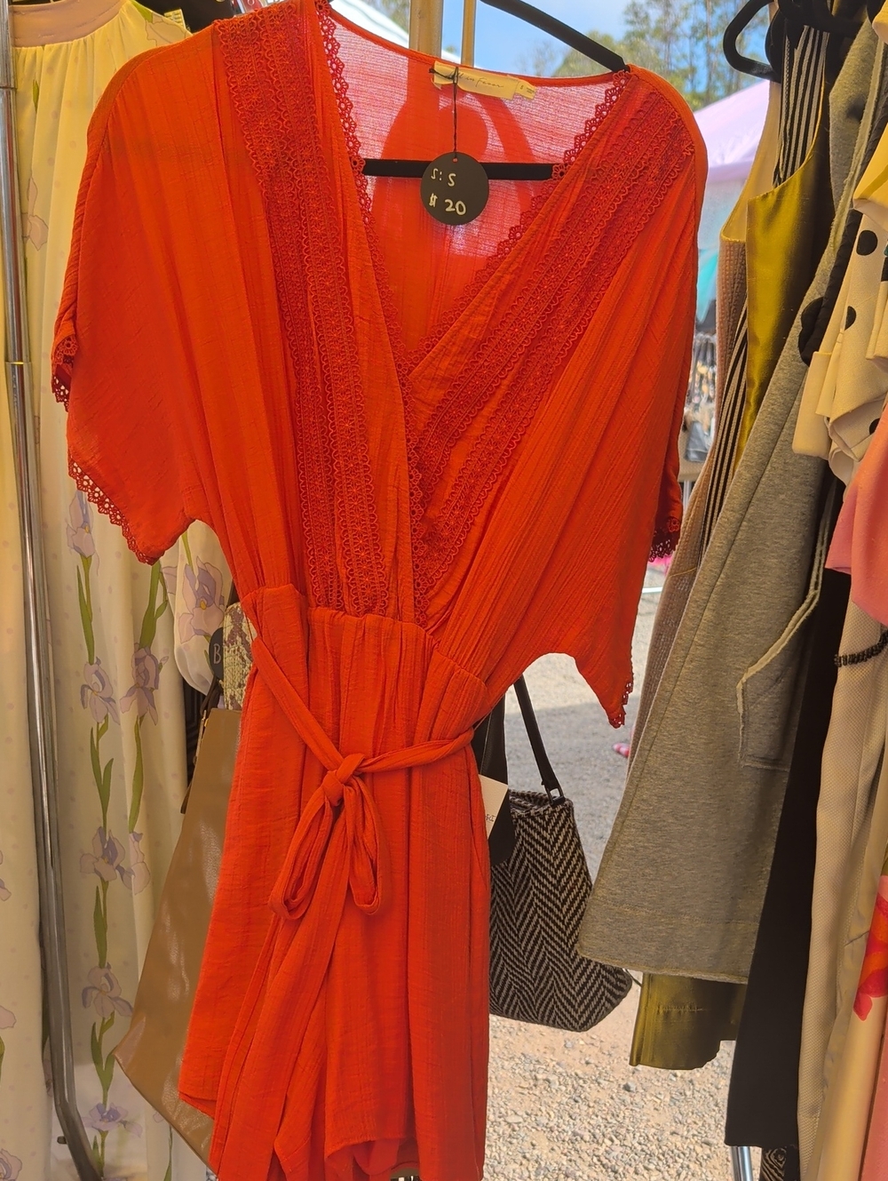 All in Favor Red Lace-Trim Wrap Romper